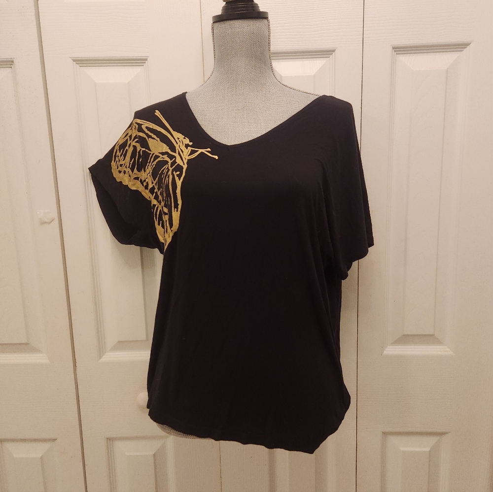 Discreet Black Top with Gold Butterfly Accent Sz M